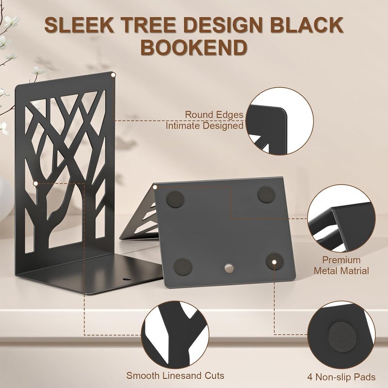 VFINE 8-Piece Metal Bookends for Shelves, Black Tree Book Ends for Books, Decorative Desk Book Organizer, Non-Skid Shelve Bookends for Home Office Shcool Supplies - Image 4